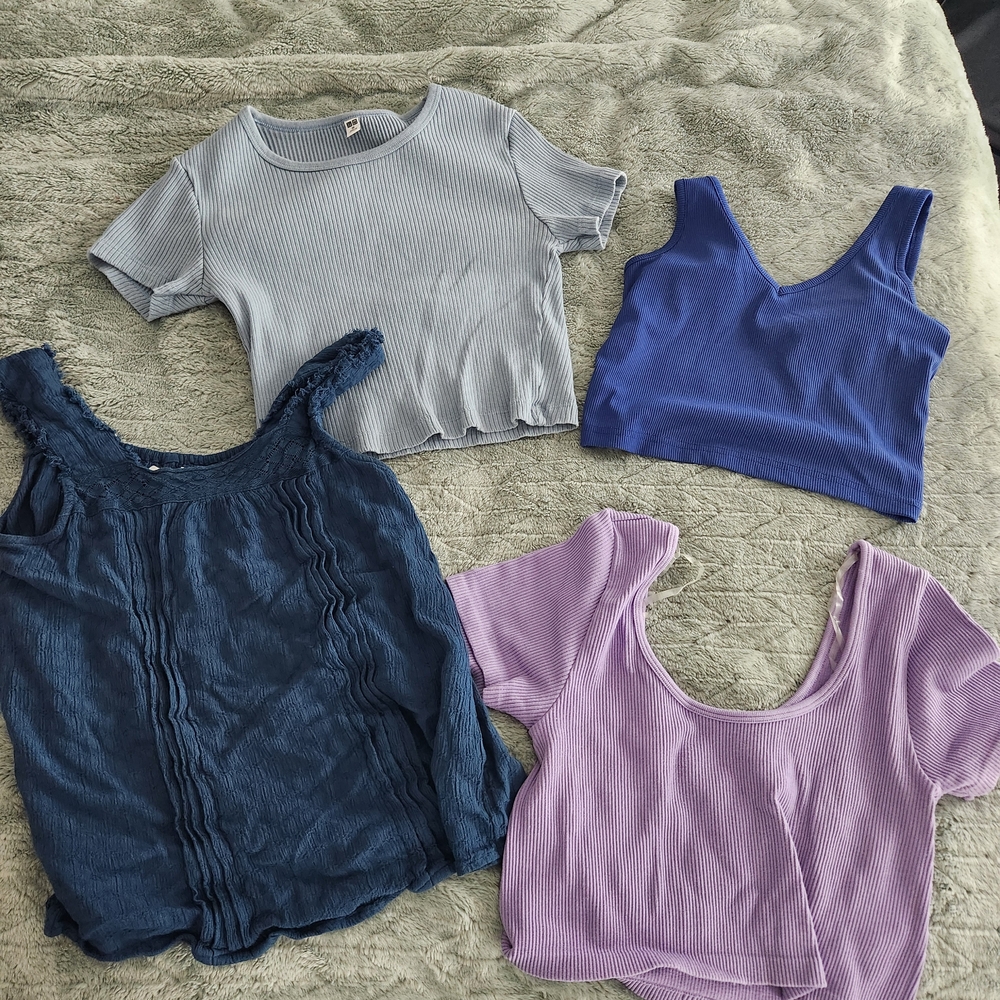 Set of Four Ribbed Crop Tops in Blue and Purple